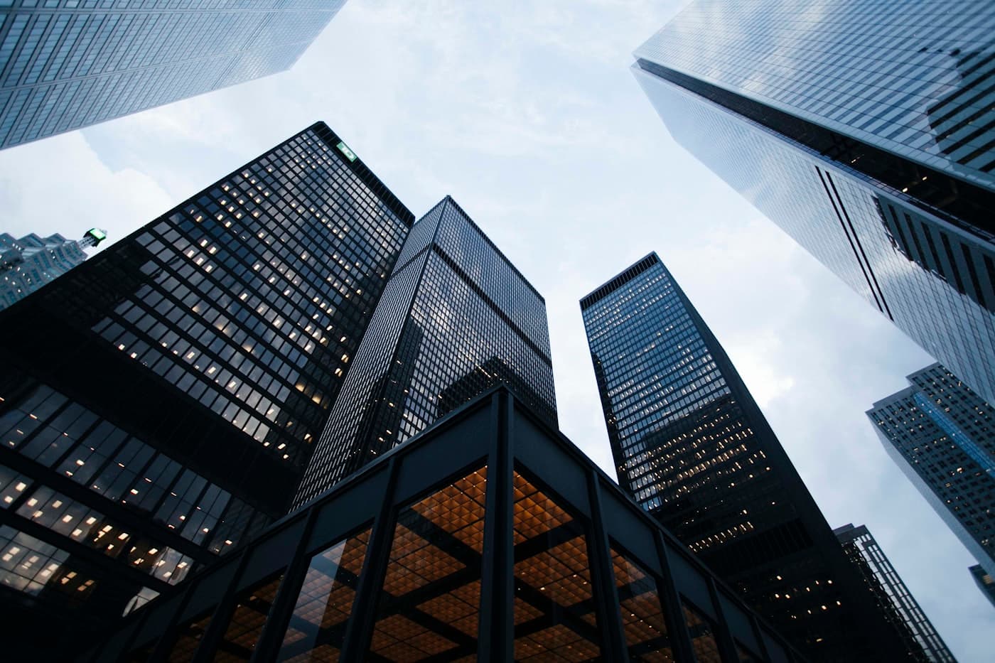 Institutional office towers seen from street level.
